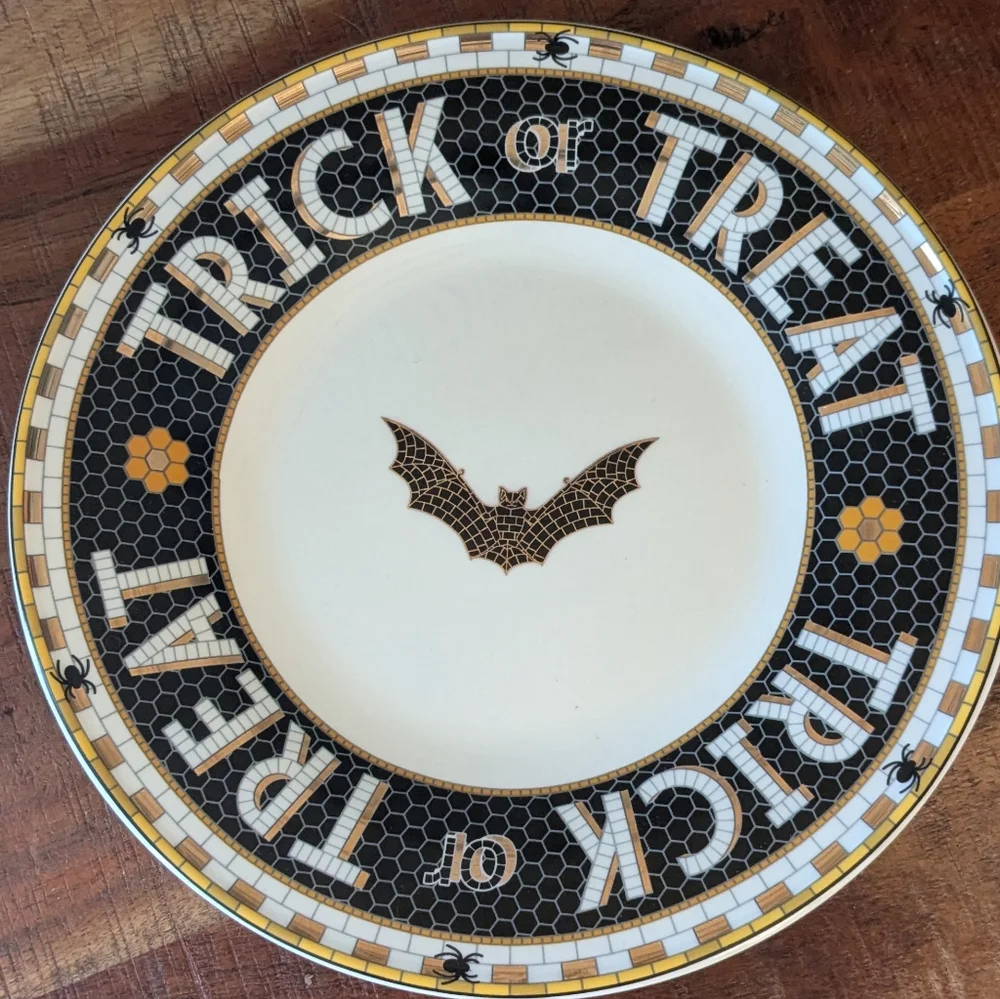 NEW Anthropologie Bistro Tile Halloween Plate 24K Gold